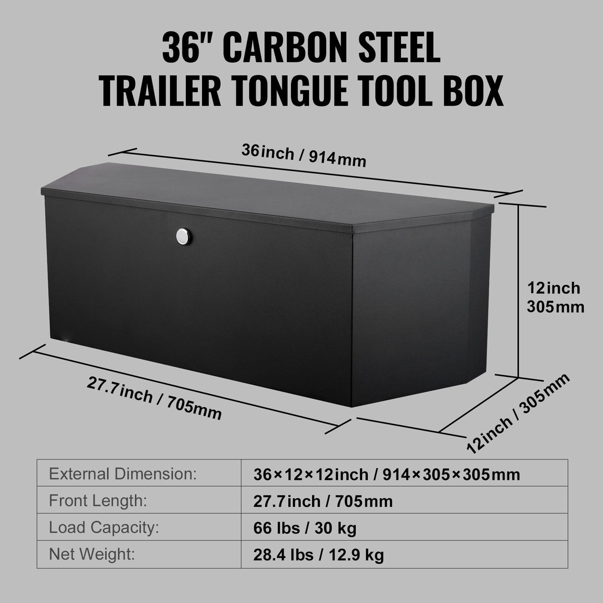 Trailer Tongue Box, Carbon Steel Tongue Box Tool Chest, Heavy Duty Trailer Box Storage with Lock and Keys, Utility Trailer Tongue Tool Box for Pickup Truck Bed, RV Trailer, 91.44cmx30.48 cmx30.4