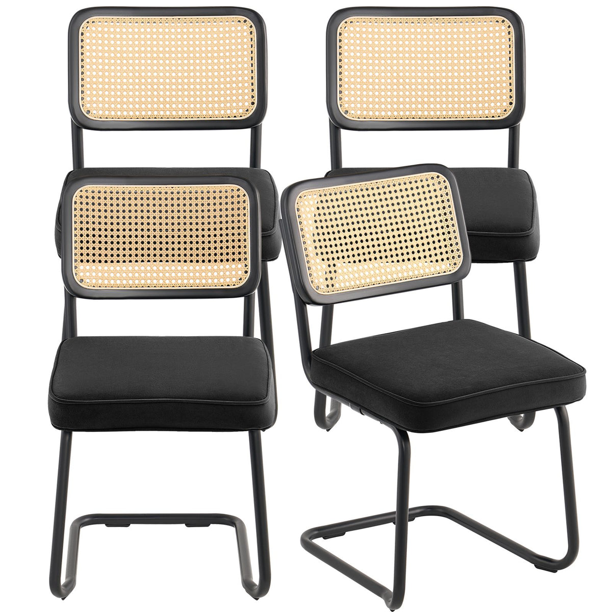 Rattan Chairs, Set of 4, Mid Century Modern Dining Chair, Upholstered Velvet Accent Chair with Rattan Back, Retro Dining Room Kitchen Chair for Living Room, Bedroom, Reading Room, Office, Black