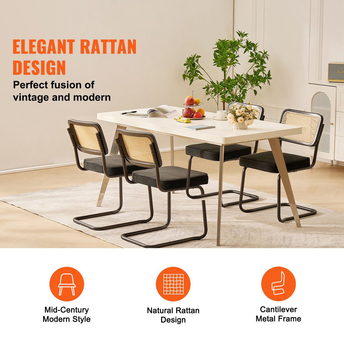 Rattan Chairs, Set of 4, Mid Century Modern Dining Chair, Upholstered Velvet Accent Chair with Rattan Back, Retro Dining Room Kitchen Chair for Living Room, Bedroom, Reading Room, Office, Black