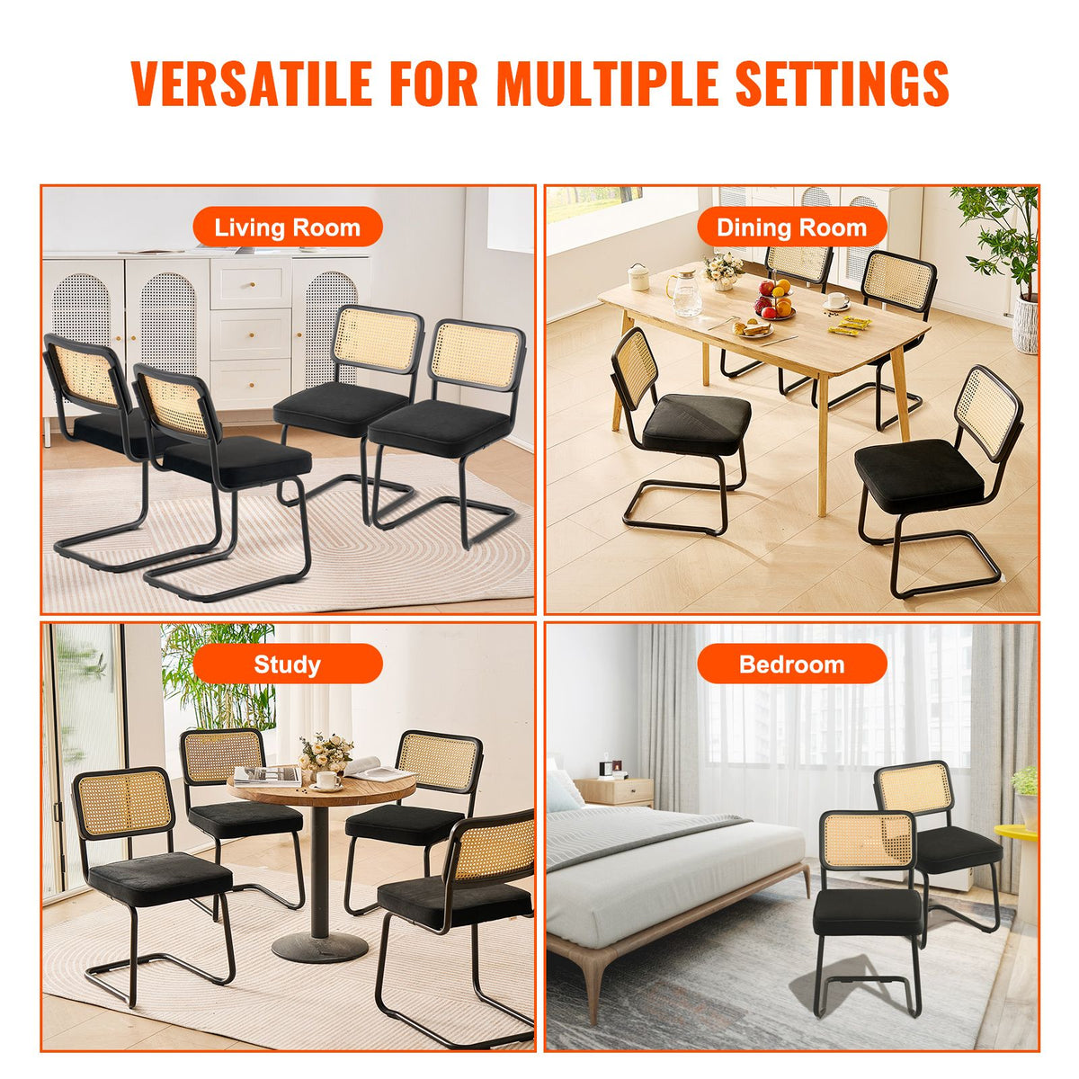 Rattan Chairs, Set of 4, Mid Century Modern Dining Chair, Upholstered Velvet Accent Chair with Rattan Back, Retro Dining Room Kitchen Chair for Living Room, Bedroom, Reading Room, Office, Black