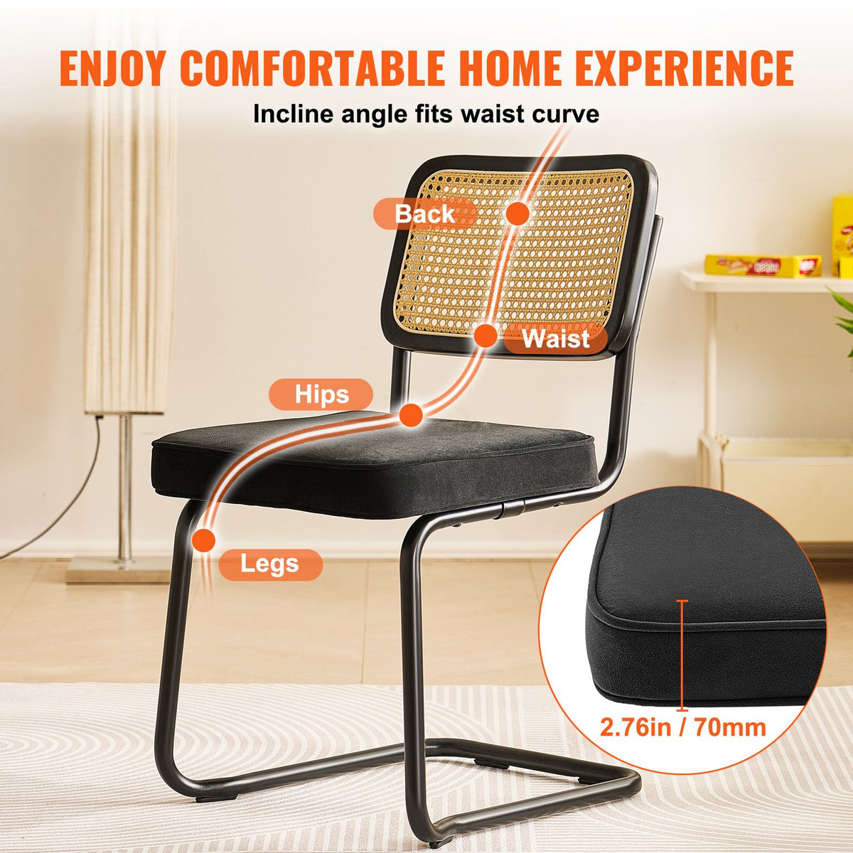 Rattan Chairs, Set of 4, Mid Century Modern Dining Chair, Upholstered Velvet Accent Chair with Rattan Back, Retro Dining Room Kitchen Chair for Living Room, Bedroom, Reading Room, Office, Black