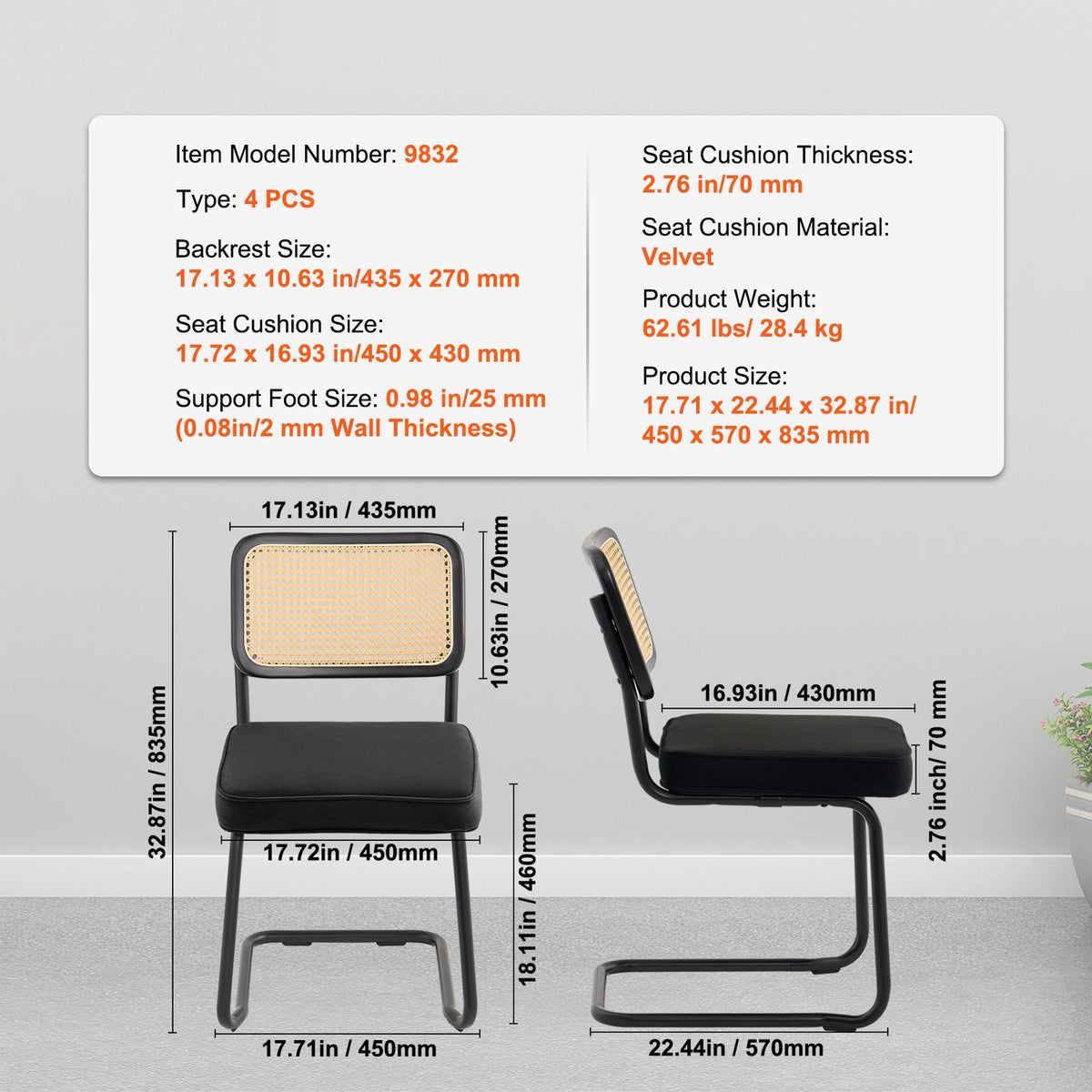 Rattan Chairs, Set of 4, Mid Century Modern Dining Chair, Upholstered Velvet Accent Chair with Rattan Back, Retro Dining Room Kitchen Chair for Living Room, Bedroom, Reading Room, Office, Black