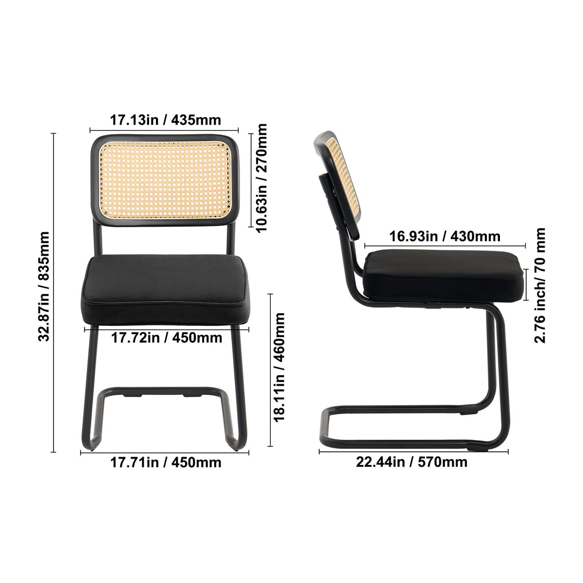 Rattan Chairs, Set of 4, Mid Century Modern Dining Chair, Upholstered Velvet Accent Chair with Rattan Back, Retro Dining Room Kitchen Chair for Living Room, Bedroom, Reading Room, Office, Black