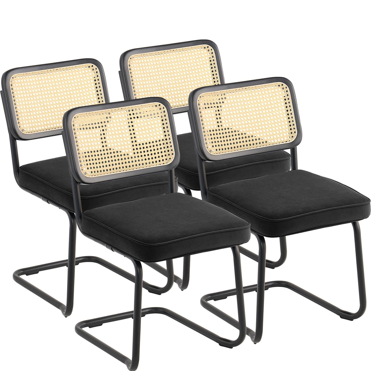 Rattan Chairs, Set of 4, Mid Century Modern Dining Chair, Upholstered Velvet Accent Chair with Rattan Back, Retro Dining Room Kitchen Chair for Living Room, Bedroom, Reading Room, Office, Black