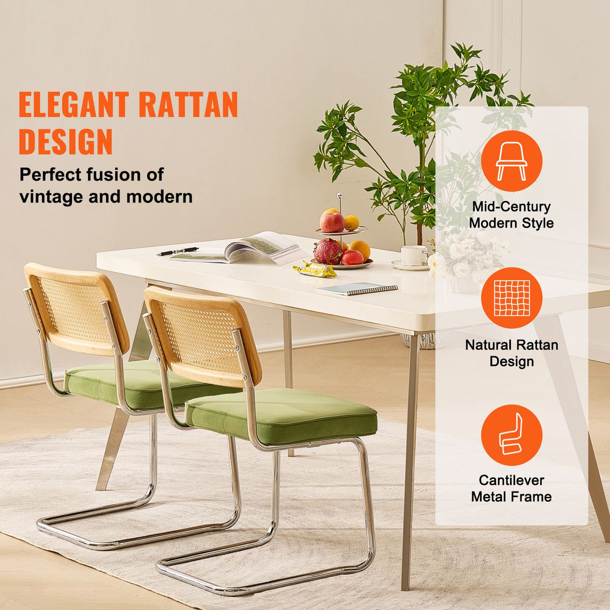 Rattan Chairs, Set of 2, Mid Century Modern Dining Chair, Upholstered Velvet Accent Chair with Rattan Back, Retro Dining Room Kitchen Chair for Living Room, Bedroom, Reading Room, Office, Green