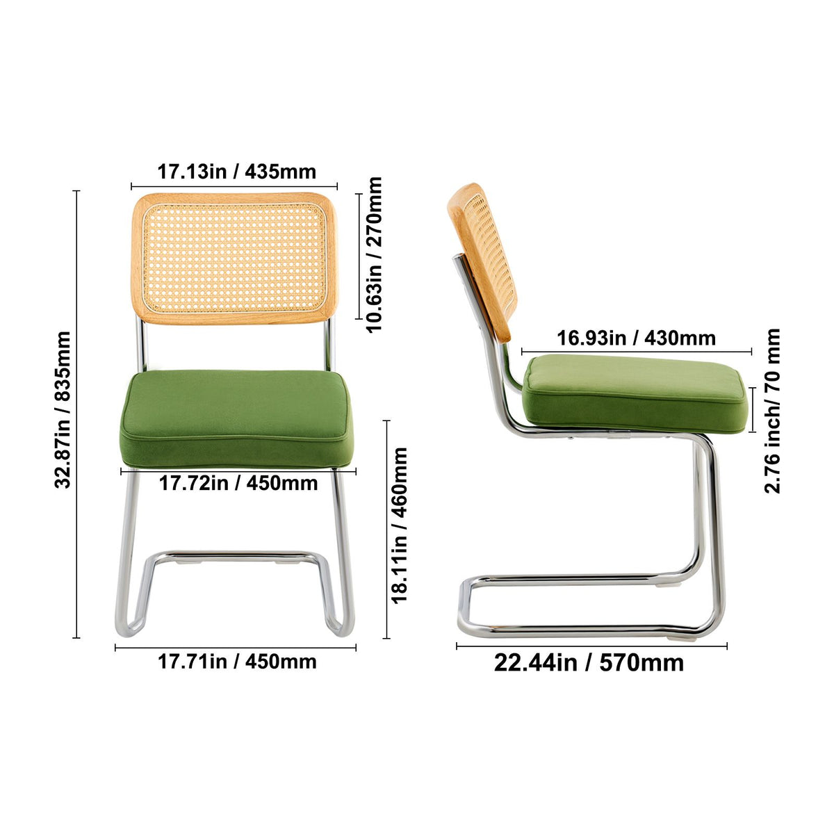 Rattan Chairs, Set of 2, Mid Century Modern Dining Chair, Upholstered Velvet Accent Chair with Rattan Back, Retro Dining Room Kitchen Chair for Living Room, Bedroom, Reading Room, Office, Green