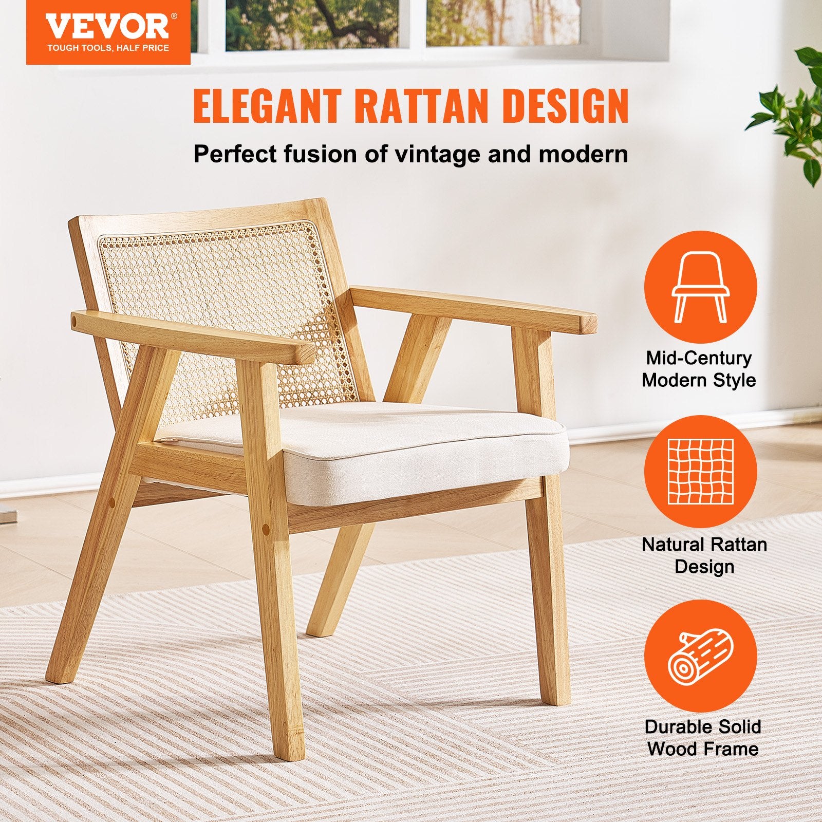 Outdoor Chairs: VEVOR Rattan Chair, Mid Century Modern Dining Chair with Armrest, Upholstered Chair with Rattan Back, Retro Rattan Dining Room Kitchen Chair for Living Room, Bedroom, Reading Room, and Office, Beige