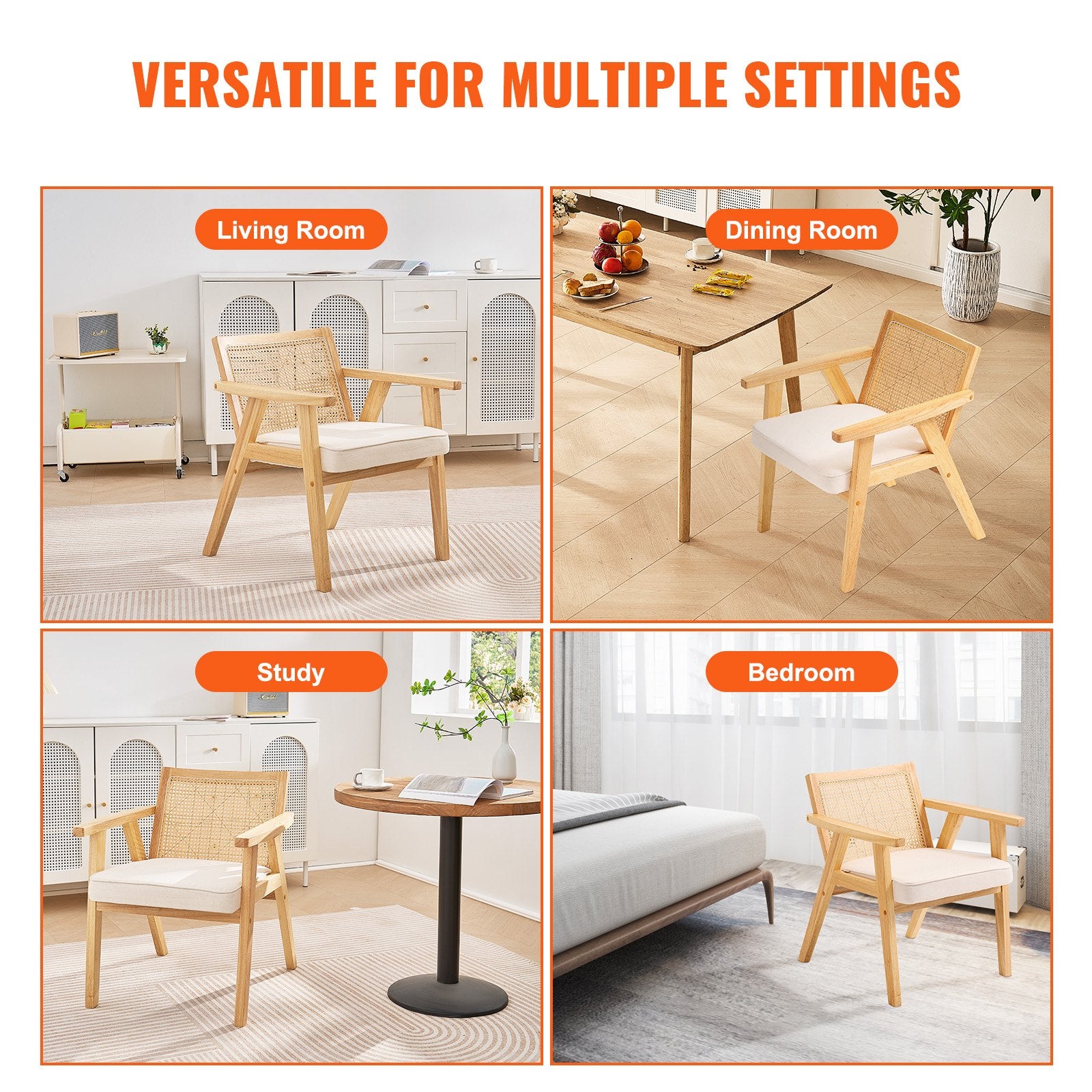 Outdoor Chairs: VEVOR Rattan Chair, Mid Century Modern Dining Chair with Armrest, Upholstered Chair with Rattan Back, Retro Rattan Dining Room Kitchen Chair for Living Room, Bedroom, Reading Room, and Office, Beige