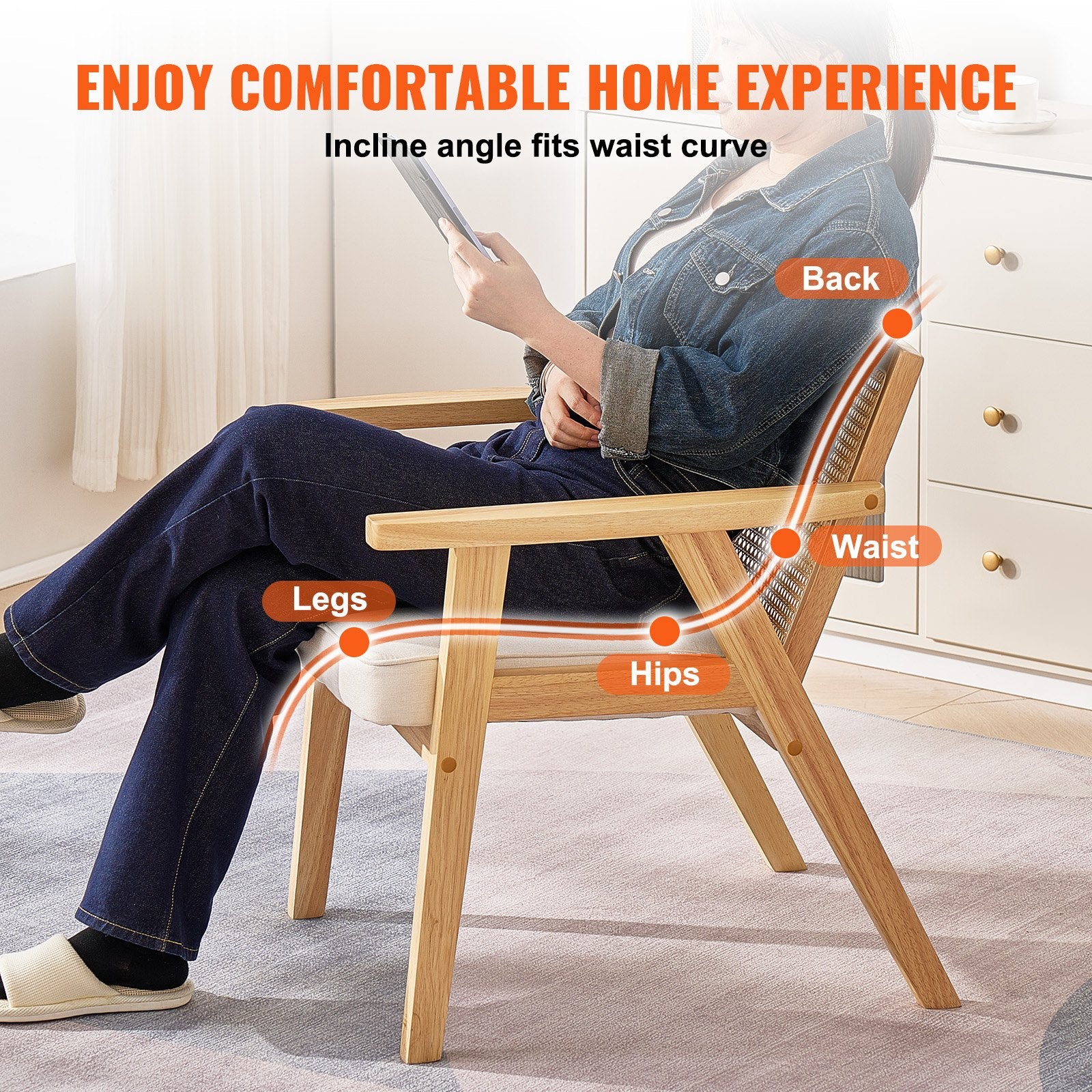 Outdoor Chairs: VEVOR Rattan Chair, Mid Century Modern Dining Chair with Armrest, Upholstered Chair with Rattan Back, Retro Rattan Dining Room Kitchen Chair for Living Room, Bedroom, Reading Room, and Office, Beige