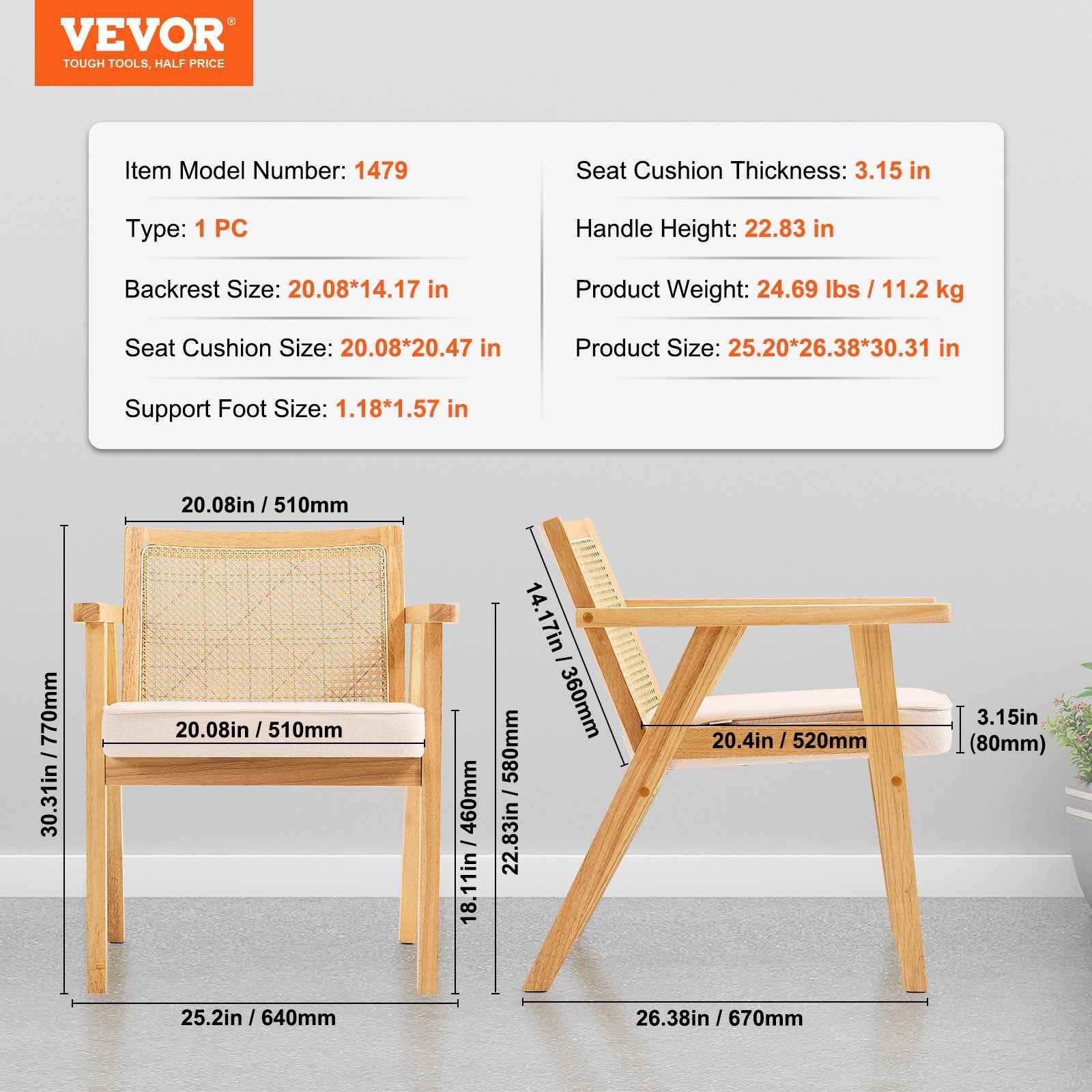 Outdoor Chairs: VEVOR Rattan Chair, Mid Century Modern Dining Chair with Armrest, Upholstered Chair with Rattan Back, Retro Rattan Dining Room Kitchen Chair for Living Room, Bedroom, Reading Room, and Office, Beige