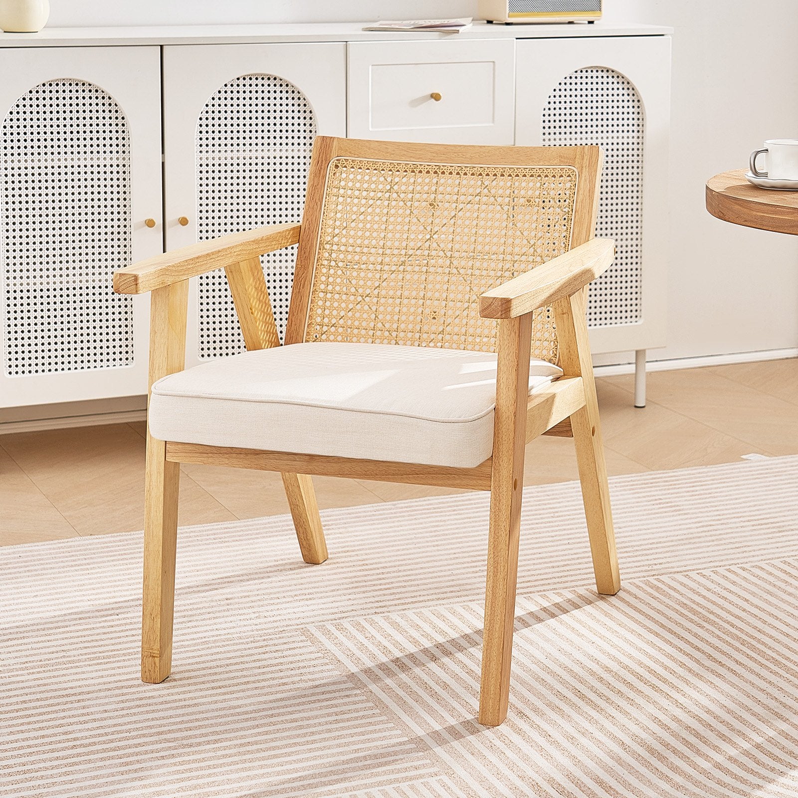 Outdoor Chairs: VEVOR Rattan Chair, Mid Century Modern Dining Chair with Armrest, Upholstered Chair with Rattan Back, Retro Rattan Dining Room Kitchen Chair for Living Room, Bedroom, Reading Room, and Office, Beige