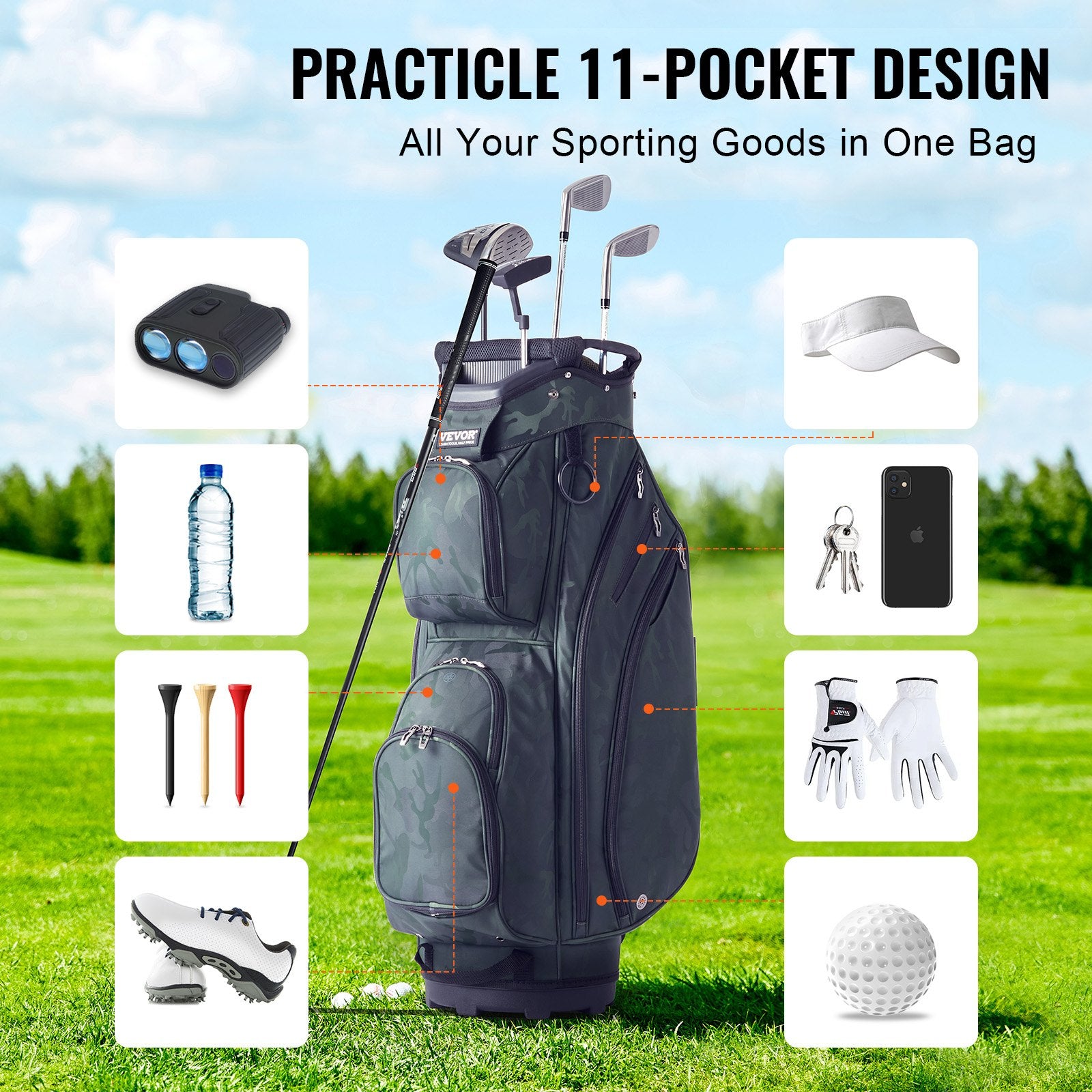 Golf Cart Bag with 14 Way Organizer Divider Top, 36” 11 Pockets Premium Nylon Cart Bag, Durable Golf Bags with Handles & Dust Cover & Detachable Straps for Men & Women, Army Green