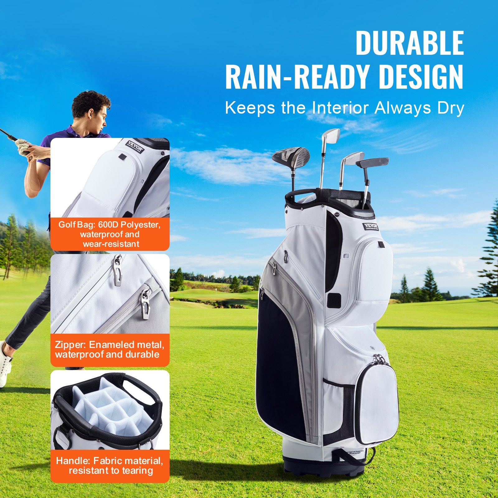 Golf Cart Bag with 14 Way Organizer Divider Top, 36” 13 Pockets Premium Nylon Cart Bag, Durable Golf Bags with Handles & Dust Cover & Detachable Straps for Men & Women, White Color-Block