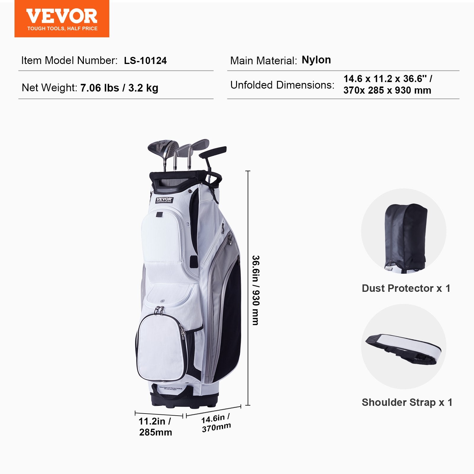 Golf Cart Bag with 14 Way Organizer Divider Top, 36” 13 Pockets Premium Nylon Cart Bag, Durable Golf Bags with Handles & Dust Cover & Detachable Straps for Men & Women, White Color-Block