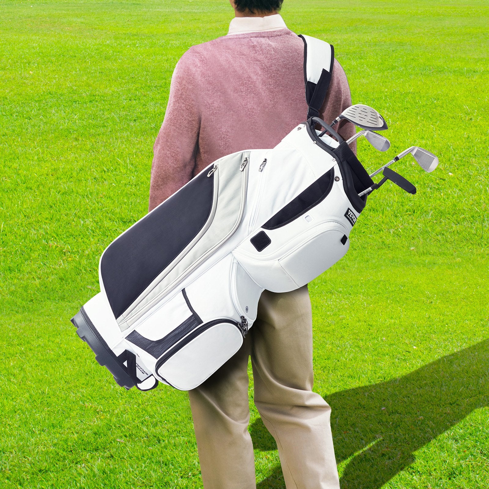 Golf Cart Bag with 14 Way Organizer Divider Top, 36” 13 Pockets Premium Nylon Cart Bag, Durable Golf Bags with Handles & Dust Cover & Detachable Straps for Men & Women, White Color-Block