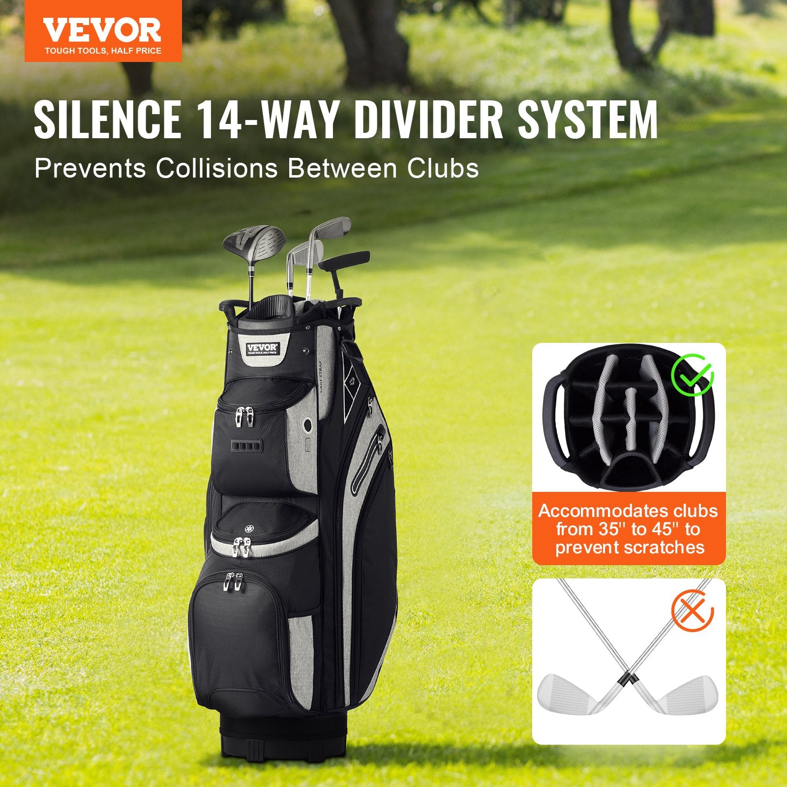 Golf Cart Bag with 14 Way Organizer Divider Top, 13 Pockets Premium Cart Bag, Durable 600D Polyester Fabric Golf Bags with Handles & Dust Cover & Detachable Straps for Men & Women, Black Color-Block