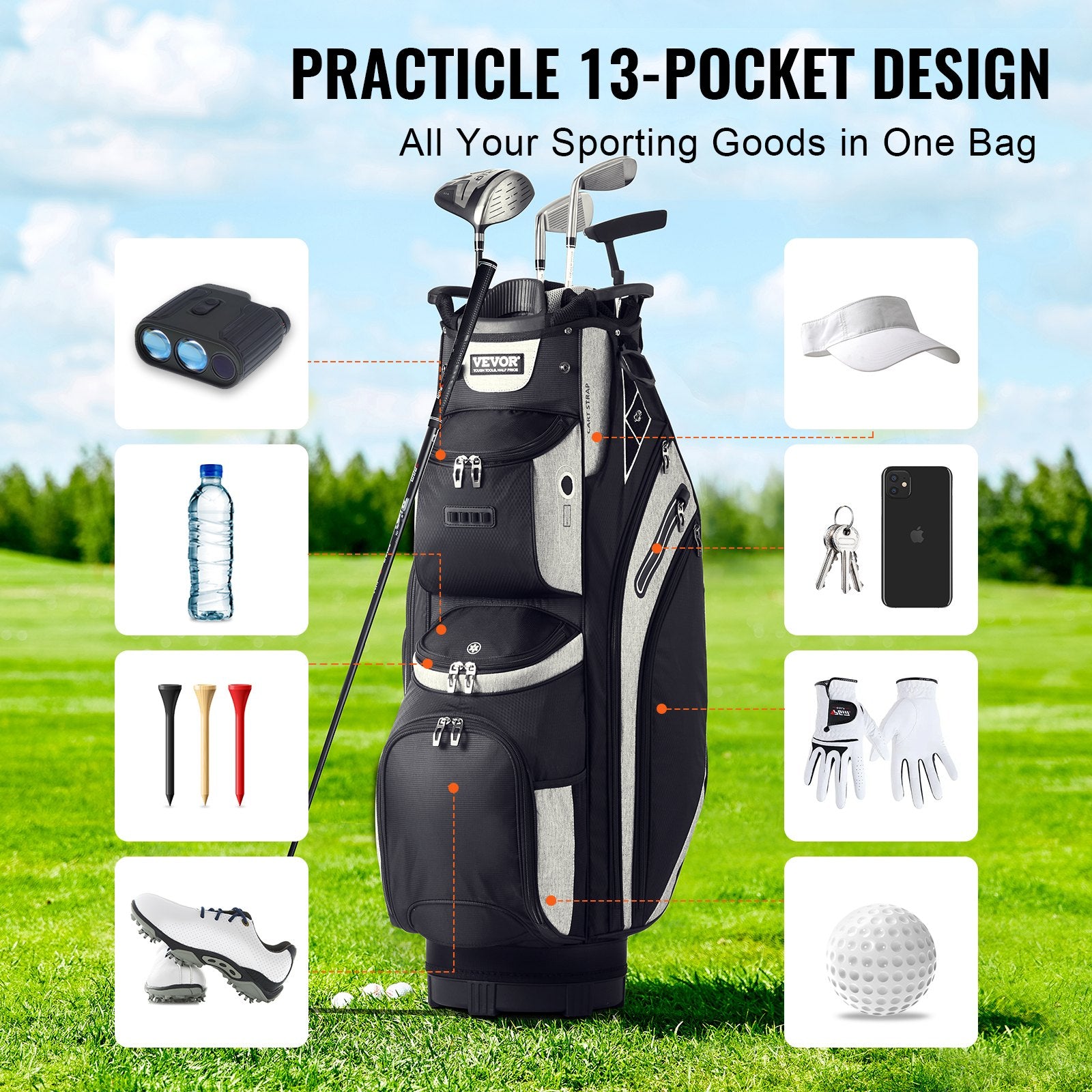 Golf Cart Bag with 14 Way Organizer Divider Top, 13 Pockets Premium Cart Bag, Durable 600D Polyester Fabric Golf Bags with Handles & Dust Cover & Detachable Straps for Men & Women, Black Color-Block