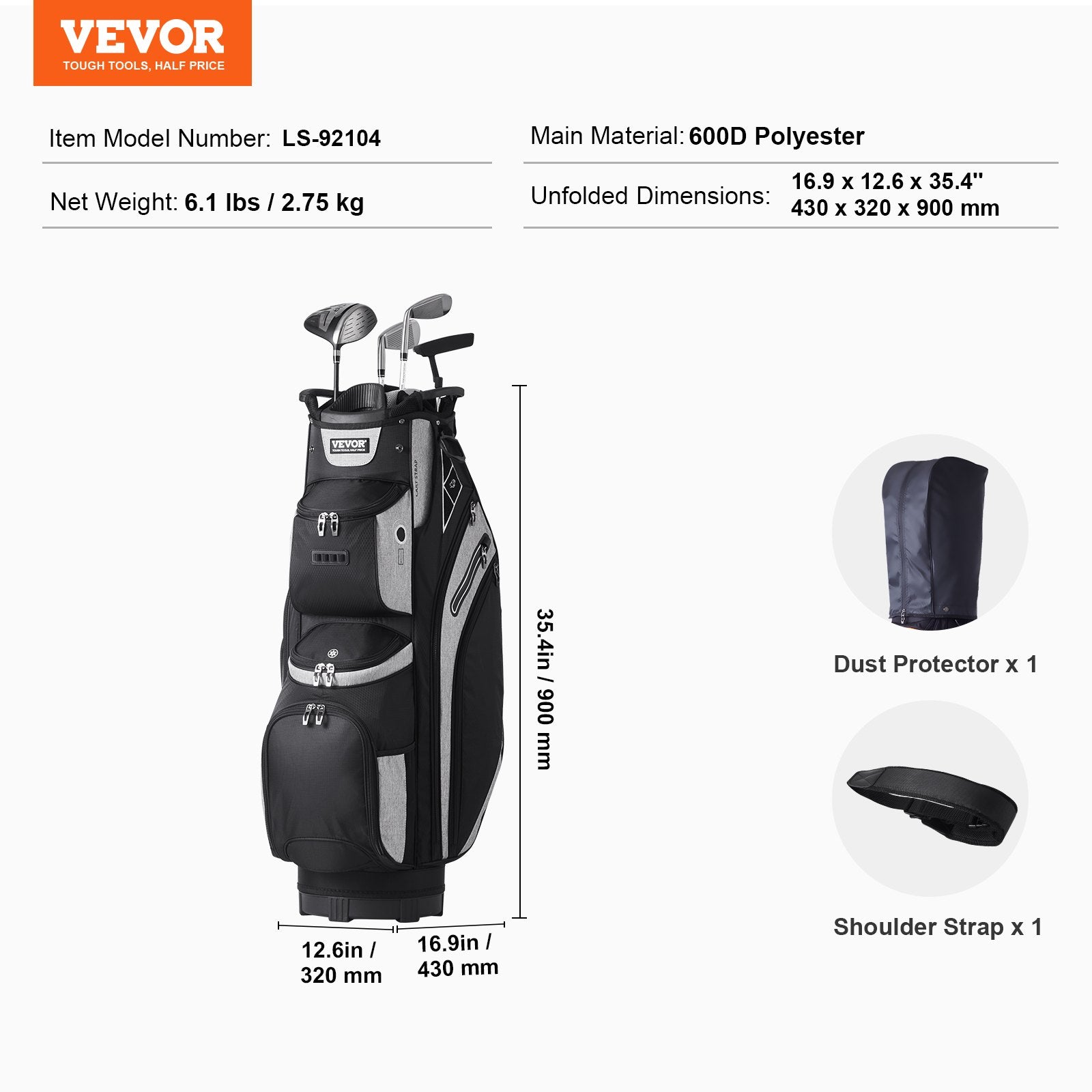 Golf Cart Bag with 14 Way Organizer Divider Top, 13 Pockets Premium Cart Bag, Durable 600D Polyester Fabric Golf Bags with Handles & Dust Cover & Detachable Straps for Men & Women, Black Color-Block