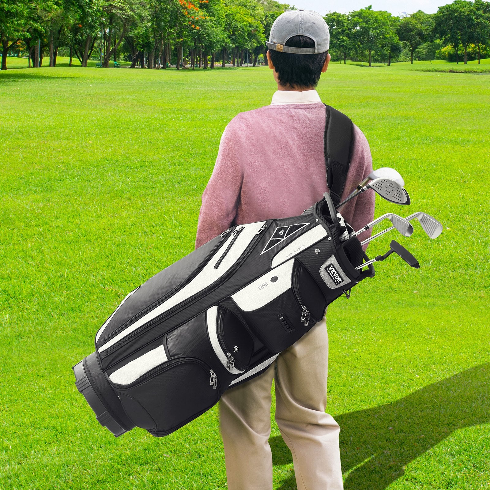 Golf Cart Bag with 14 Way Organizer Divider Top, 13 Pockets Premium Cart Bag, Durable 600D Polyester Fabric Golf Bags with Handles & Dust Cover & Detachable Straps for Men & Women, Black Color-Block