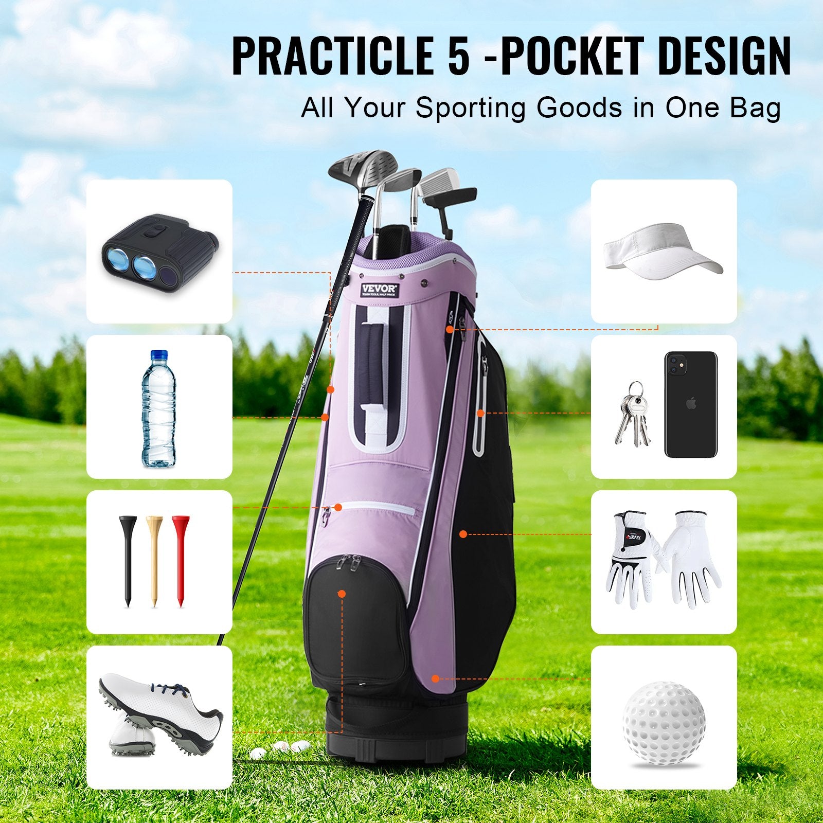 Cat Carriers & Crates: VEVOR Golf Cart Bag with 14 Way Organizer Divider Top, 36” Multiple Pockets Premium Cart Bag, Durable Golf Bags with Handles & Dust Cover & Detachable Strap for Men & Women, Black Purple