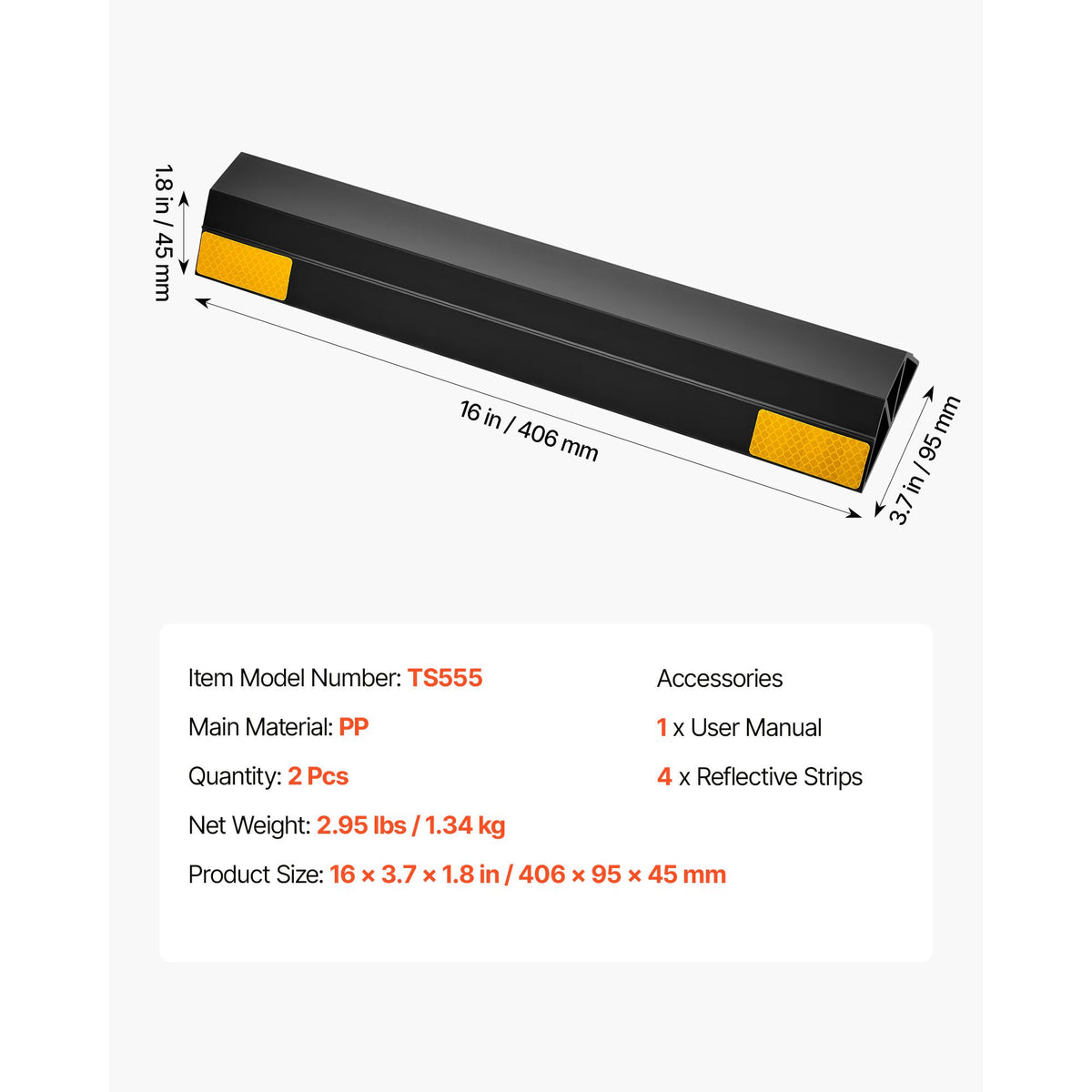 Parking Stopper, 406 mm 2 Pcs Heavy Duty Parking Aid for Garage, PP Curb Garage Floor Stopper with Reflective Strips, Vehicles Gadgets for Cars Vans Trucks Tire Wheel Guide Block Stops Bumpers