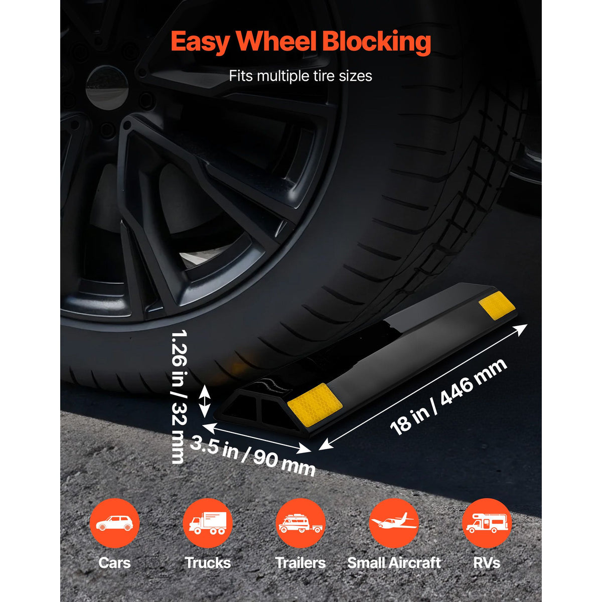 Parking Stopper, 446 mm 2 Pcs Heavy Duty Parking Aid for Garage, PP Curb Garage Floor Stopper with Reflective Strips, Vehicles Gadgets for Cars Vans Trucks Tire Wheel Guide Block Stops Bumpers