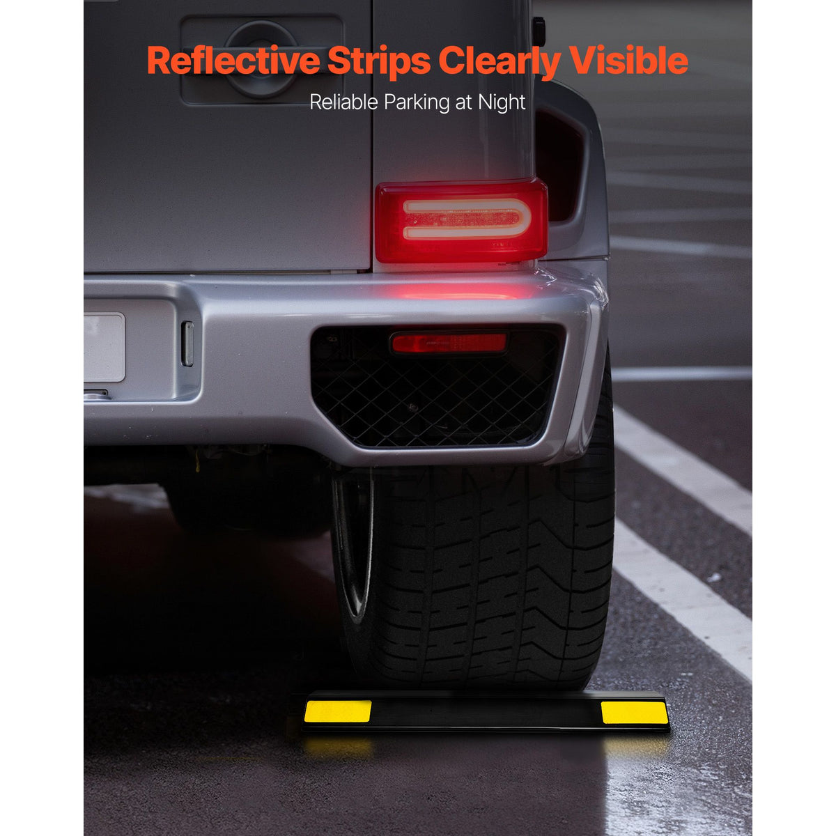 Parking Stopper, 446 mm 2 Pcs Heavy Duty Parking Aid for Garage, PP Curb Garage Floor Stopper with Reflective Strips, Vehicles Gadgets for Cars Vans Trucks Tire Wheel Guide Block Stops Bumpers