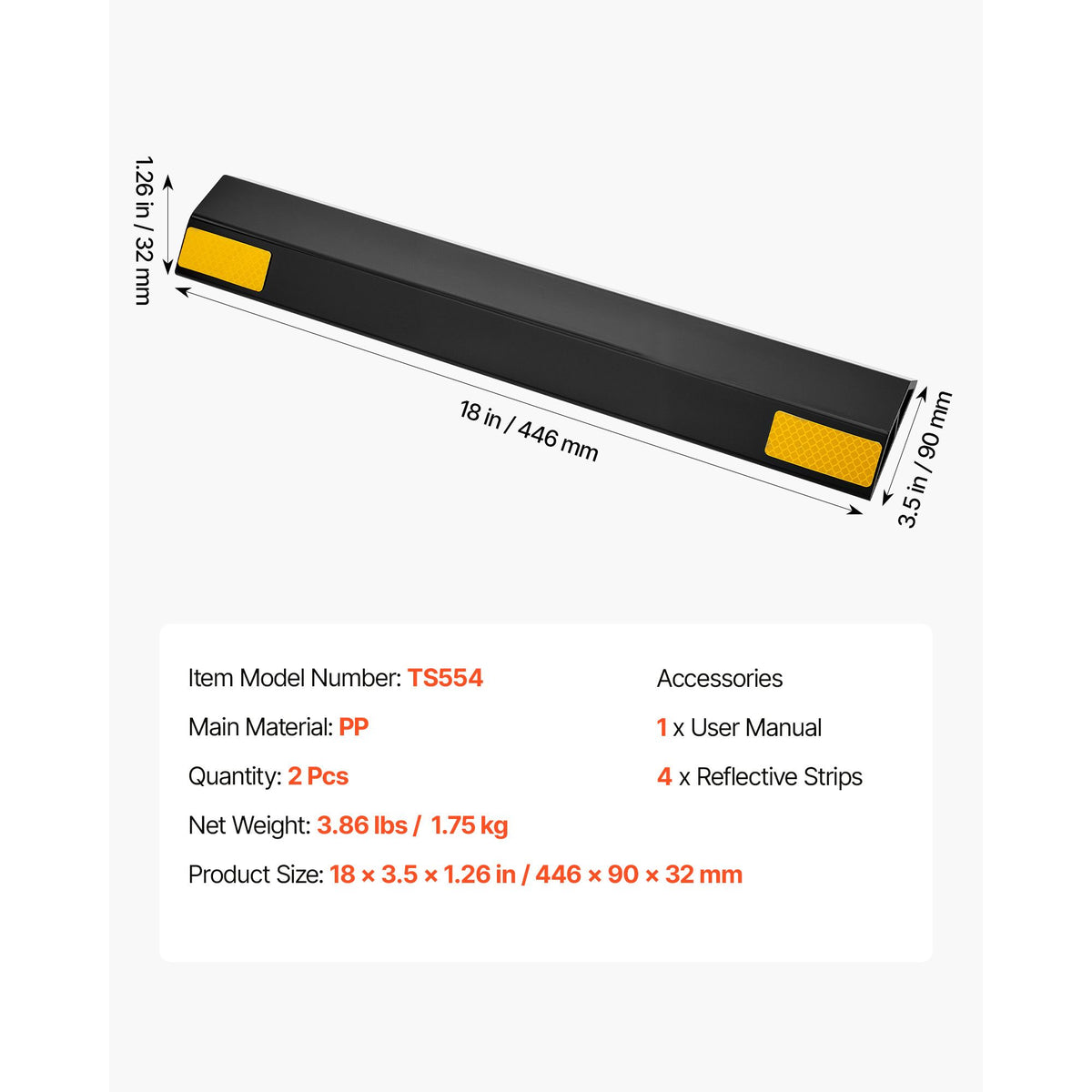 Parking Stopper, 446 mm 2 Pcs Heavy Duty Parking Aid for Garage, PP Curb Garage Floor Stopper with Reflective Strips, Vehicles Gadgets for Cars Vans Trucks Tire Wheel Guide Block Stops Bumpers