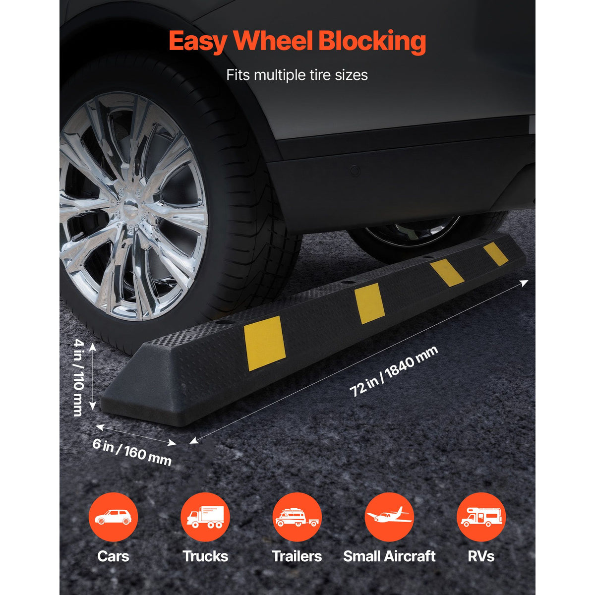 Parking Stopper, 1840 mm Heavy Duty Parking Aid for Garage, Rubber Curb Garage Floor Stopper with Reflective Strips, Vehicles Gadgets for Cars Vans Trucks Tire Wheel Guide Block Stops Bumpers