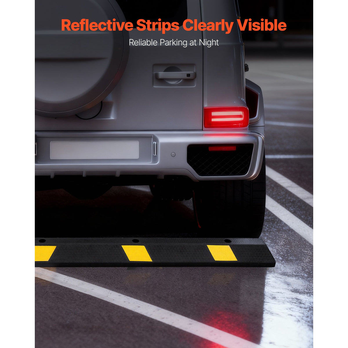 Parking Stopper, 1840 mm Heavy Duty Parking Aid for Garage, Rubber Curb Garage Floor Stopper with Reflective Strips, Vehicles Gadgets for Cars Vans Trucks Tire Wheel Guide Block Stops Bumpers