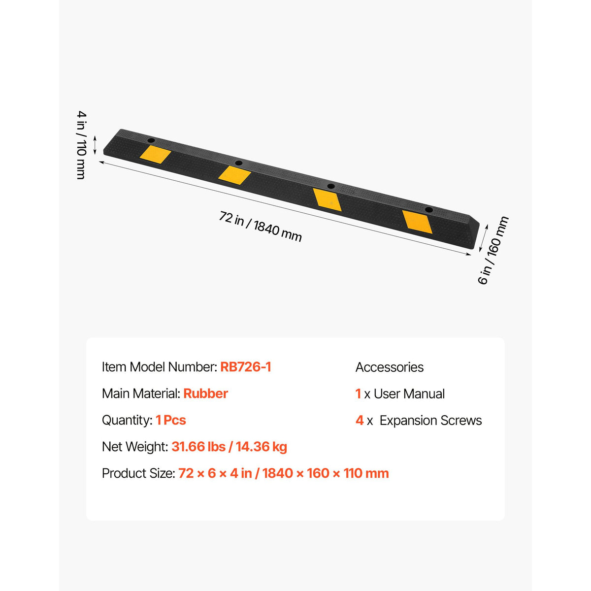 Parking Stopper, 1840 mm Heavy Duty Parking Aid for Garage, Rubber Curb Garage Floor Stopper with Reflective Strips, Vehicles Gadgets for Cars Vans Trucks Tire Wheel Guide Block Stops Bumpers