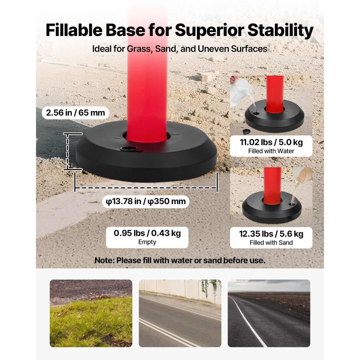 2 Pack Traffic Delineator Posts, 1140 mm Traffic Safety Cones with Fillable Base and Reflective Strips, Heavy Duty Delineator Posts for Construction Site, Parking Lot, Crowd Control, Red