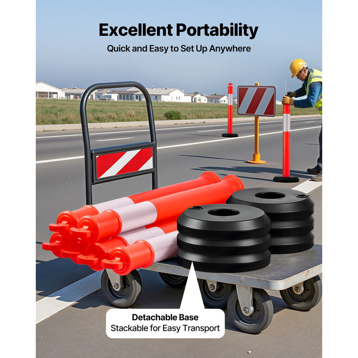 2 Pack Traffic Delineator Posts, 1140 mm Traffic Safety Cones with Fillable Base and Reflective Strips, Heavy Duty Delineator Posts for Construction Site, Parking Lot, Crowd Control, Red