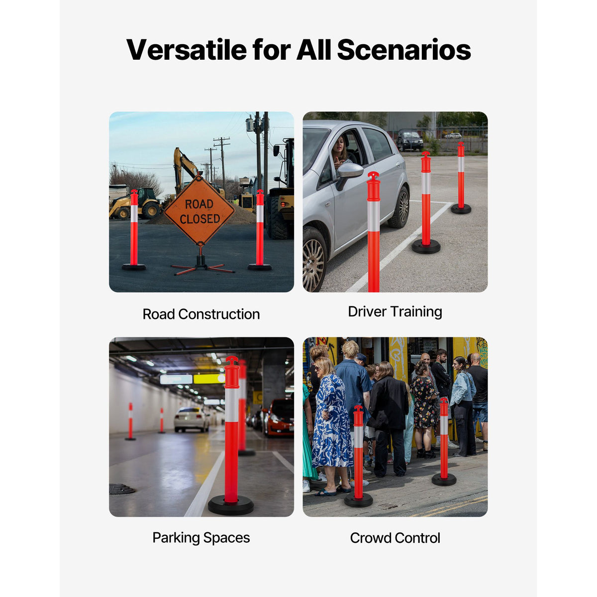 2 Pack Traffic Delineator Posts, 1140 mm Traffic Safety Cones with Fillable Base and Reflective Strips, Heavy Duty Delineator Posts for Construction Site, Parking Lot, Crowd Control, Red