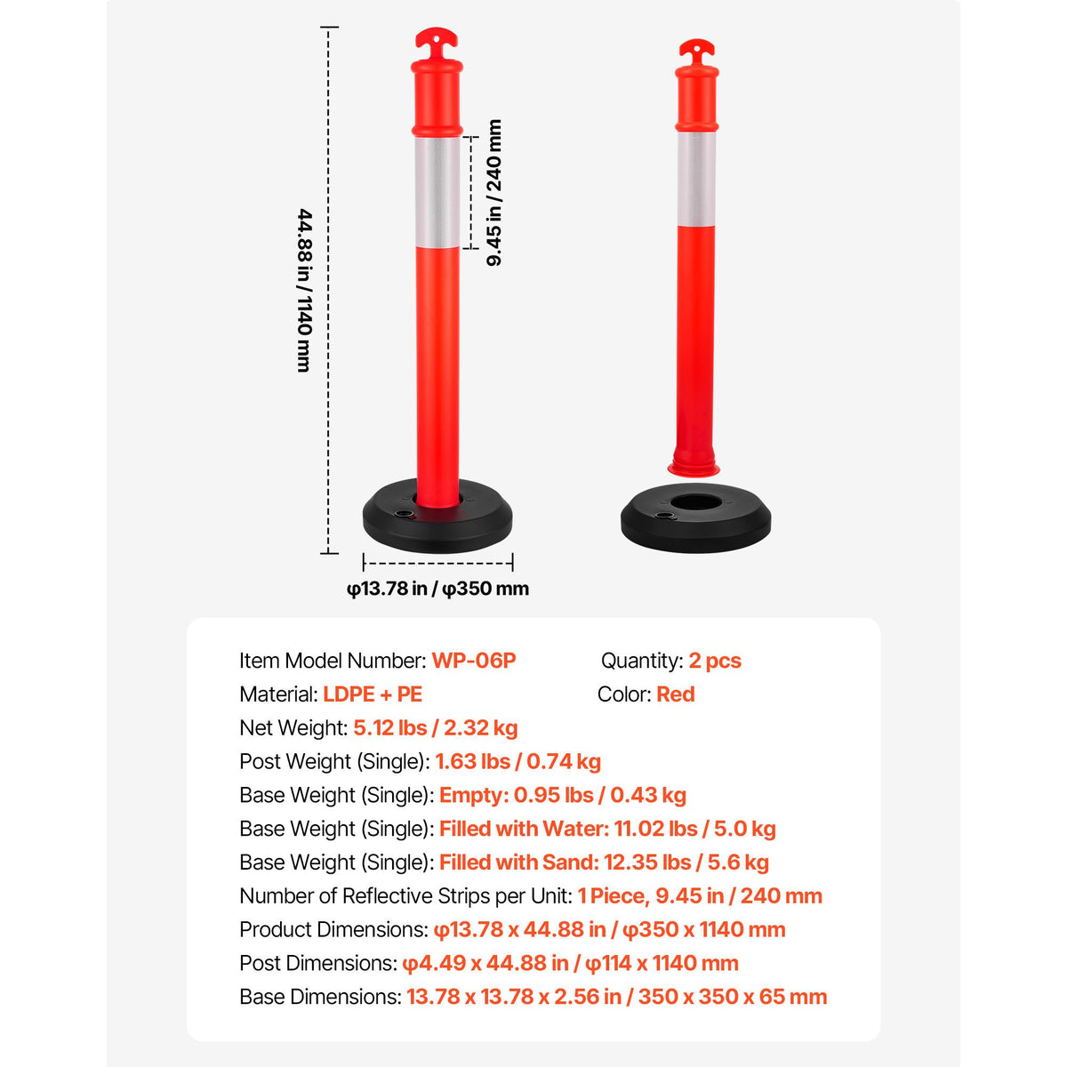 2 Pack Traffic Delineator Posts, 1140 mm Traffic Safety Cones with Fillable Base and Reflective Strips, Heavy Duty Delineator Posts for Construction Site, Parking Lot, Crowd Control, Red