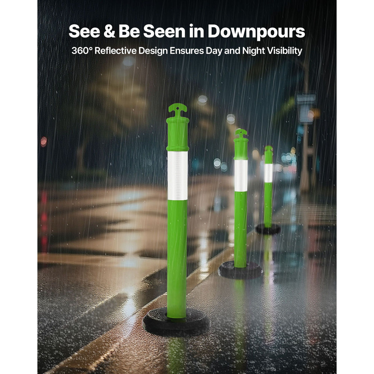 3 Pack Traffic Delineator Posts, 1140 mm Traffic Safety Cones with Fillable Base and Reflective Strips, Heavy Duty Delineator Posts for Construction Site, Parking Lot, Crowd Control, Green