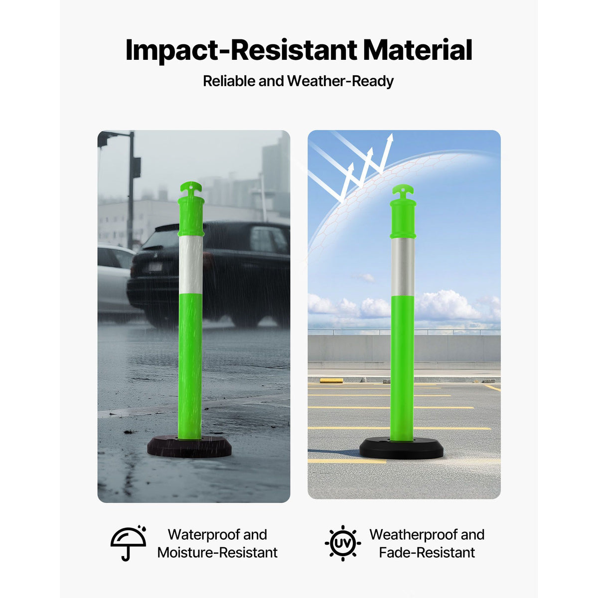 3 Pack Traffic Delineator Posts, 1140 mm Traffic Safety Cones with Fillable Base and Reflective Strips, Heavy Duty Delineator Posts for Construction Site, Parking Lot, Crowd Control, Green