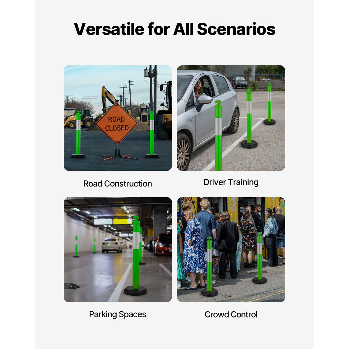 3 Pack Traffic Delineator Posts, 1140 mm Traffic Safety Cones with Fillable Base and Reflective Strips, Heavy Duty Delineator Posts for Construction Site, Parking Lot, Crowd Control, Green