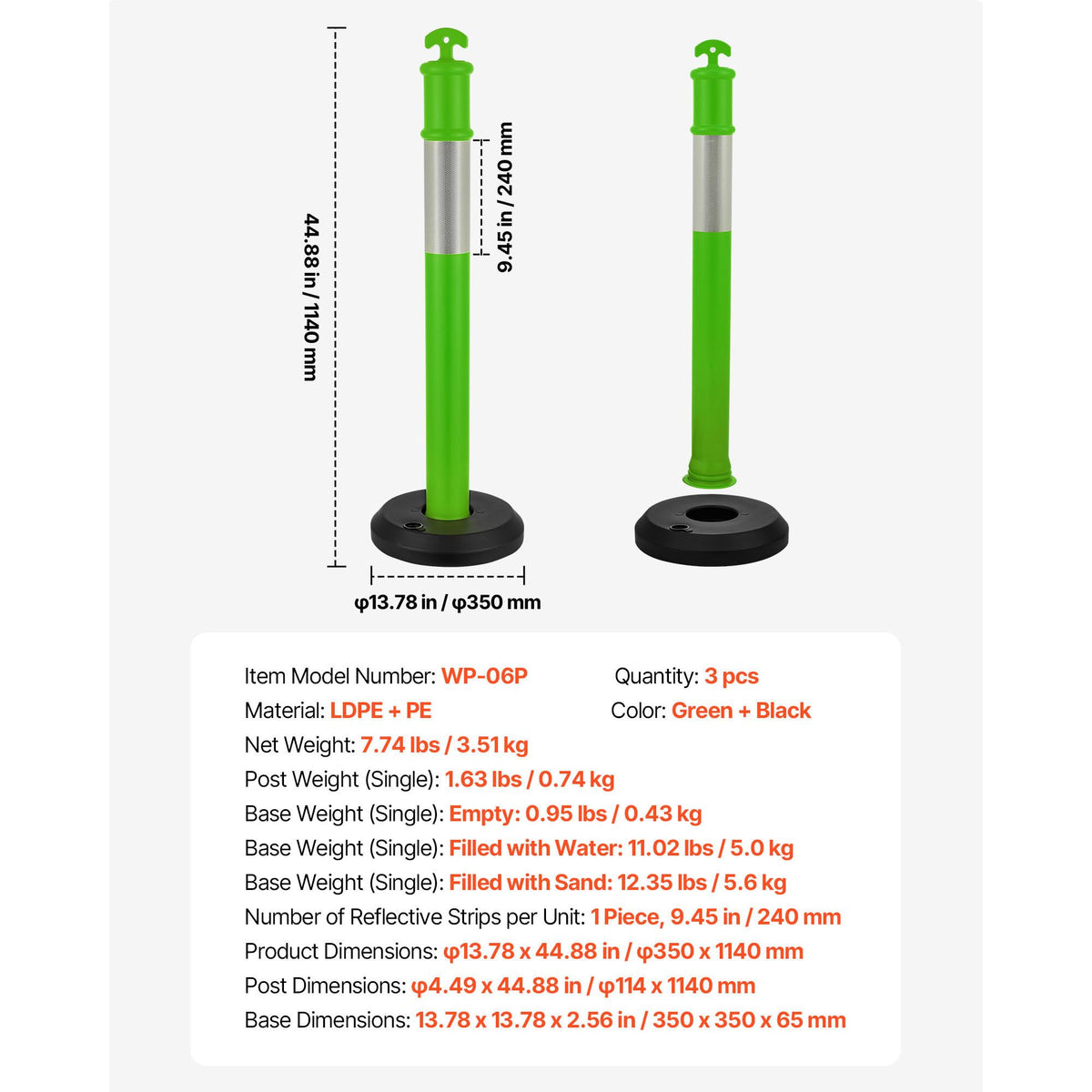 3 Pack Traffic Delineator Posts, 1140 mm Traffic Safety Cones with Fillable Base and Reflective Strips, Heavy Duty Delineator Posts for Construction Site, Parking Lot, Crowd Control, Green