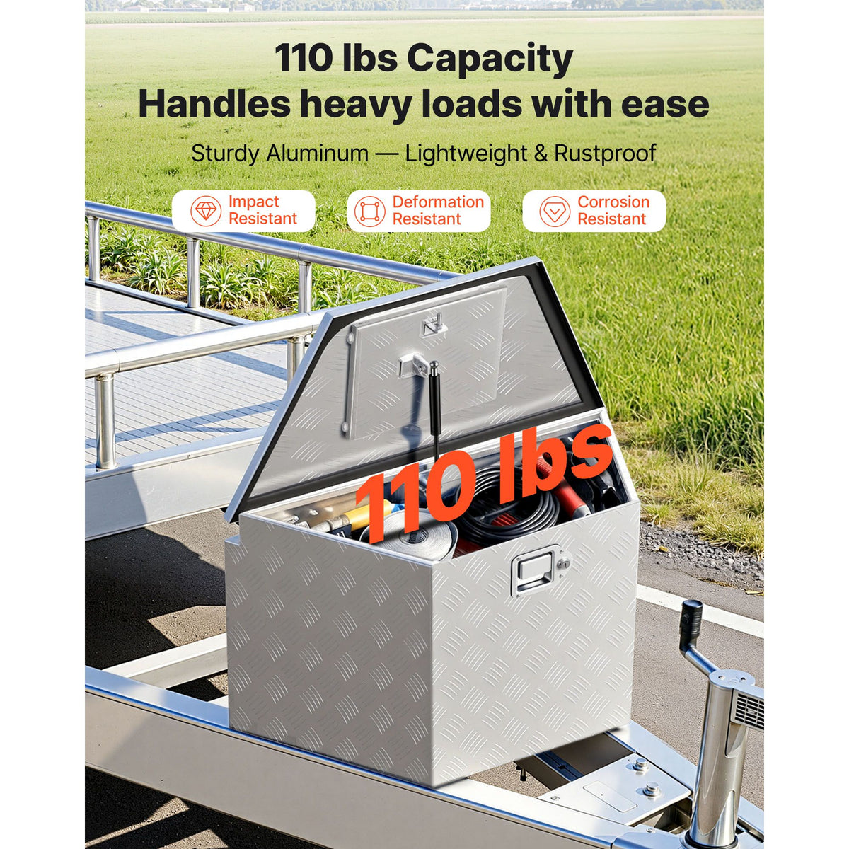 Trailer Tongue Box, 838 x 483 x 457 mm Aluminum Trailer Tongue Tool Box, Heavy Duty Storage Organizer with Lock & Keys, Utility Tool Chest for Pickup Truck Bed, RV, SUV, Off-Road Vehicle, Silver