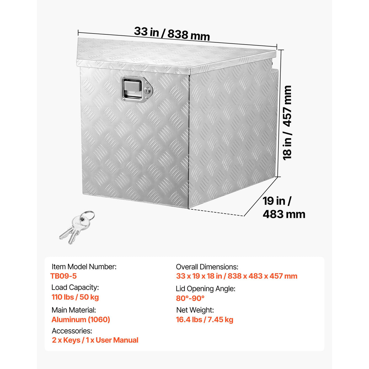 Trailer Tongue Box, 838 x 483 x 457 mm Aluminum Trailer Tongue Tool Box, Heavy Duty Storage Organizer with Lock & Keys, Utility Tool Chest for Pickup Truck Bed, RV, SUV, Off-Road Vehicle, Silver