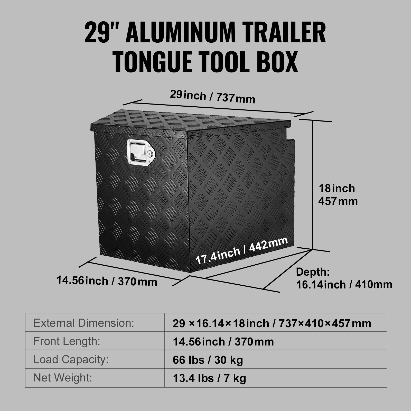 Bicycle Stands & Storage: VEVOR Trailer Tongue Box, Aluminum Alloy Diamond Plate Tongue Box Tool Chest, Heavy Duty Trailer Box Storage with Lock and Keys, for Pickup Truck, RV, Trailer, 737 x 410 x 460 mm/29x16.5x18inch
