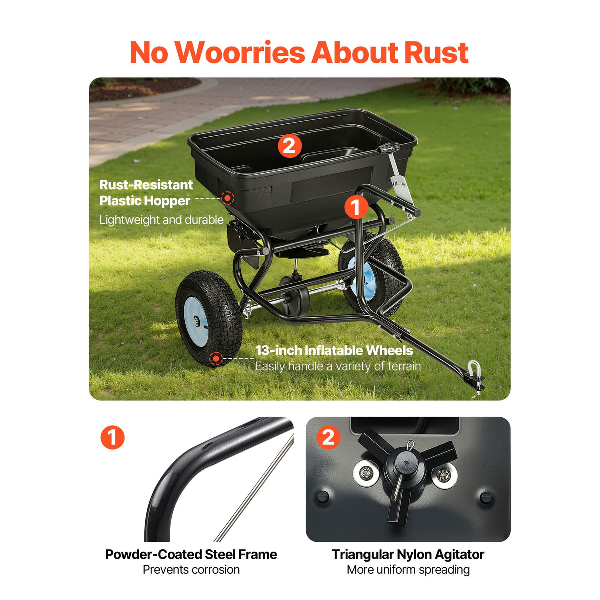 Tow Behind Broadcast Spreader, 130LBS Capacity, Tow/Push Garden Spreader with 13 in Tires, 30 Adjustable Setting & 9.8 ft Spreading Width, Lawn Spreaders for Seed, Fertilizer, Salt, Ice Melt