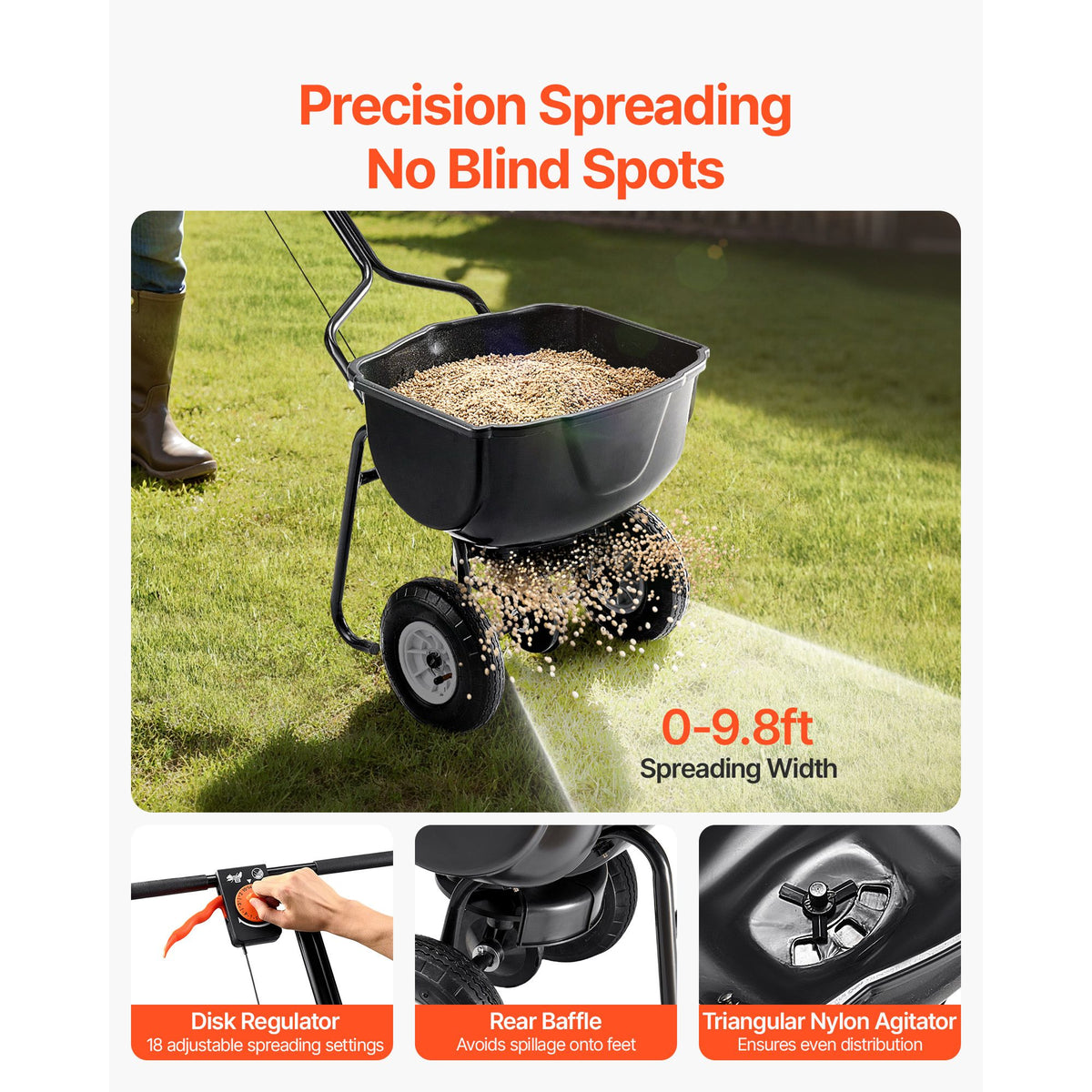 Walk Behind Spreader, 60LBS Capacity, Push Spreader with Hopper Grate, 0-9.8 ft Spreading Width, 8 in All Terrain Pneumatic Tires, Garden & Lawn Broadcast Spreaders, for Seed, Fertilizer