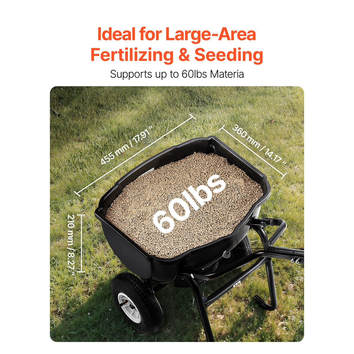 Walk Behind Spreader, 60LBS Capacity, Push Spreader with Hopper Grate, 0-9.8 ft Spreading Width, 8 in All Terrain Pneumatic Tires, Garden & Lawn Broadcast Spreaders, for Seed, Fertilizer