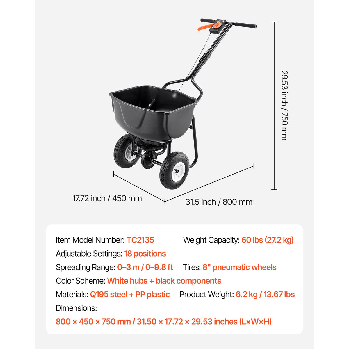 Walk Behind Spreader, 60LBS Capacity, Push Spreader with Hopper Grate, 0-9.8 ft Spreading Width, 8 in All Terrain Pneumatic Tires, Garden & Lawn Broadcast Spreaders, for Seed, Fertilizer