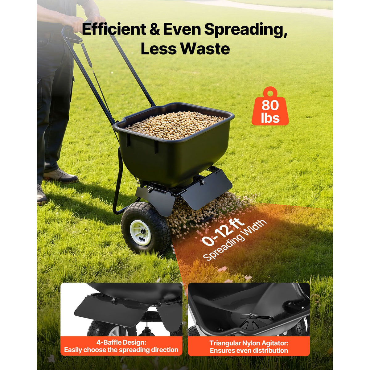 Push Lawn Spreader, 3.6m Spreading Width, Broadcast Spreader with 36.3kg Load Capacity & 10 in All-Terrain Tires, Walk-Behind Garden & Lawn Broadcast Spreaders for Seed Fertilizer, Salt Ice Melt