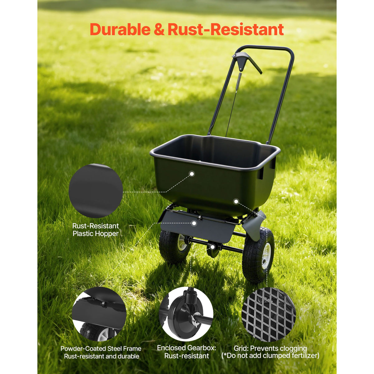 Push Lawn Spreader, 3.6m Spreading Width, Broadcast Spreader with 36.3kg Load Capacity & 10 in All-Terrain Tires, Walk-Behind Garden & Lawn Broadcast Spreaders for Seed Fertilizer, Salt Ice Melt