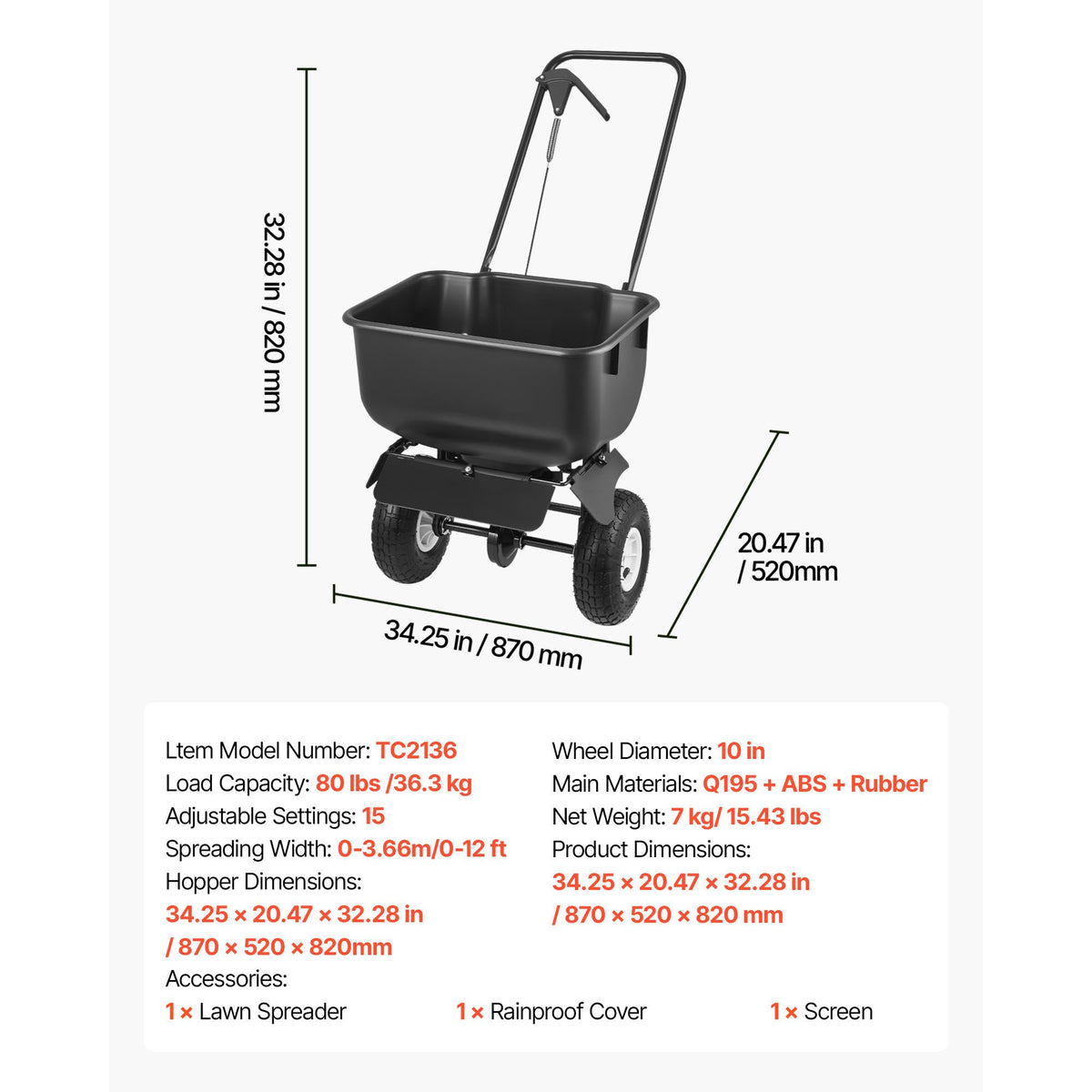 Push Lawn Spreader, 3.6m Spreading Width, Broadcast Spreader with 36.3kg Load Capacity & 10 in All-Terrain Tires, Walk-Behind Garden & Lawn Broadcast Spreaders for Seed Fertilizer, Salt Ice Melt