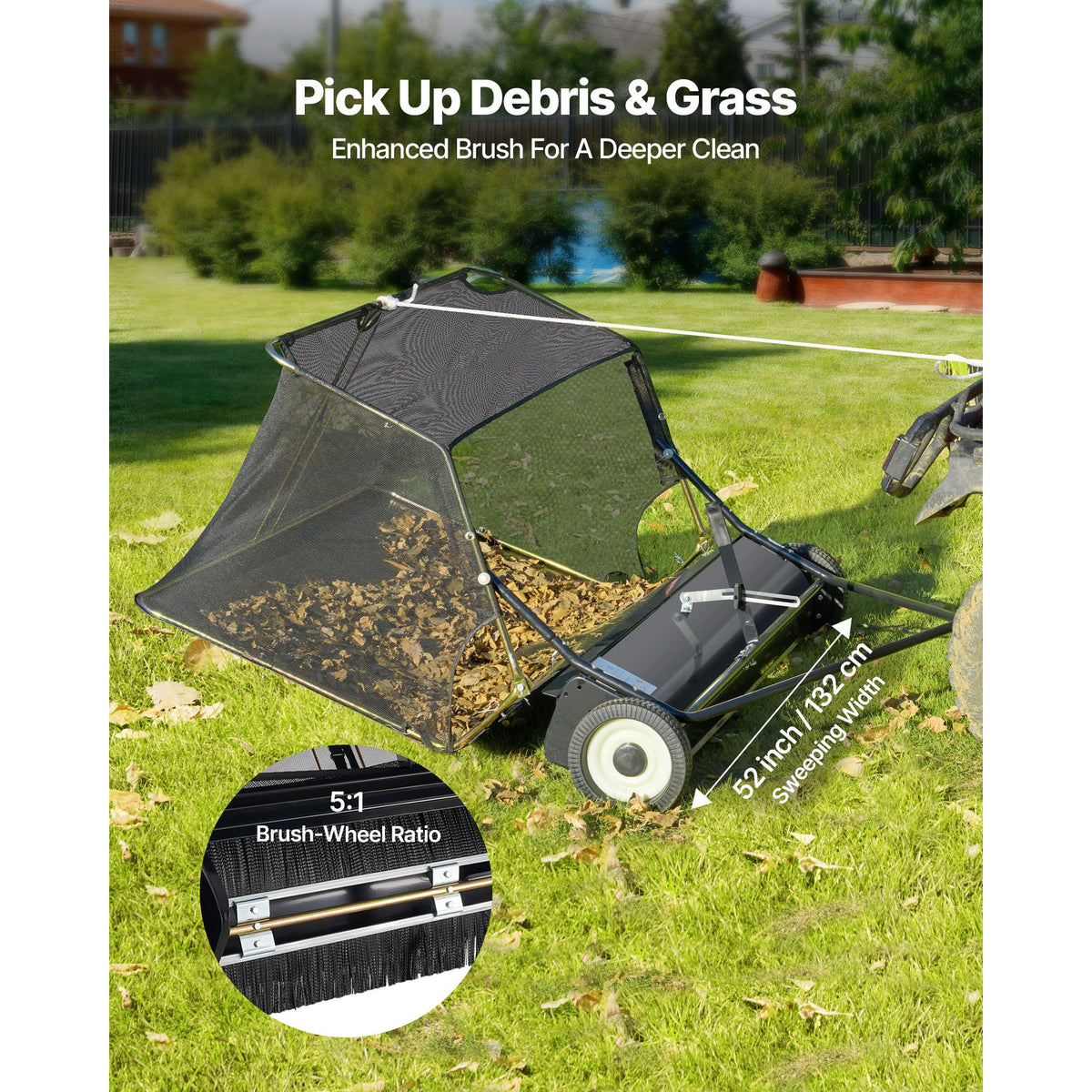 26.7 cm Tow Behind Lawn Sweeper, 26 cu.ft. Large Yard Sweeper, Adjustable Sweeping Height, Heavy Duty Leaf & Grass Collector with Dumping Rope, Pull Behind Sweepers for Debris Grass Clippings